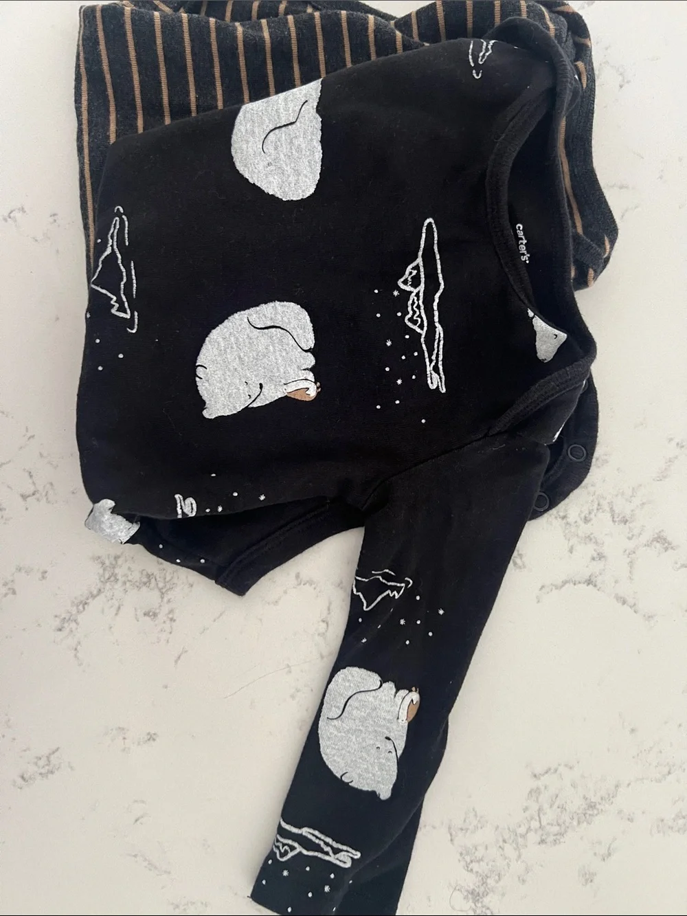 Carter's Black Long-Sleeve Tees with Brown Stripes & White Bear Prints